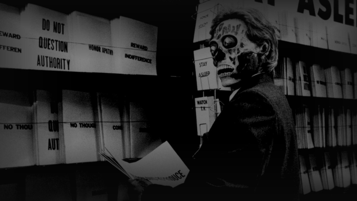 Still from They Live (1988) — 16:9 still from letterboxd, baked through scripts/bake_dark_photo.py at default factor 0.45, output brightness 33.9